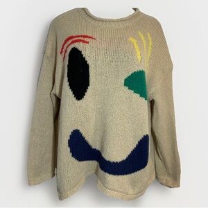 Smiley Face Wink Sweater Knit Oversized Boxy L/XL Happy Smile Cozy Soft Colorful